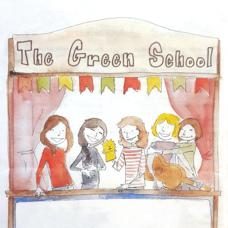 Illustrazione ad acquerello rappresentante le maestre della scuola The Green School dietro un teatrino per burattini